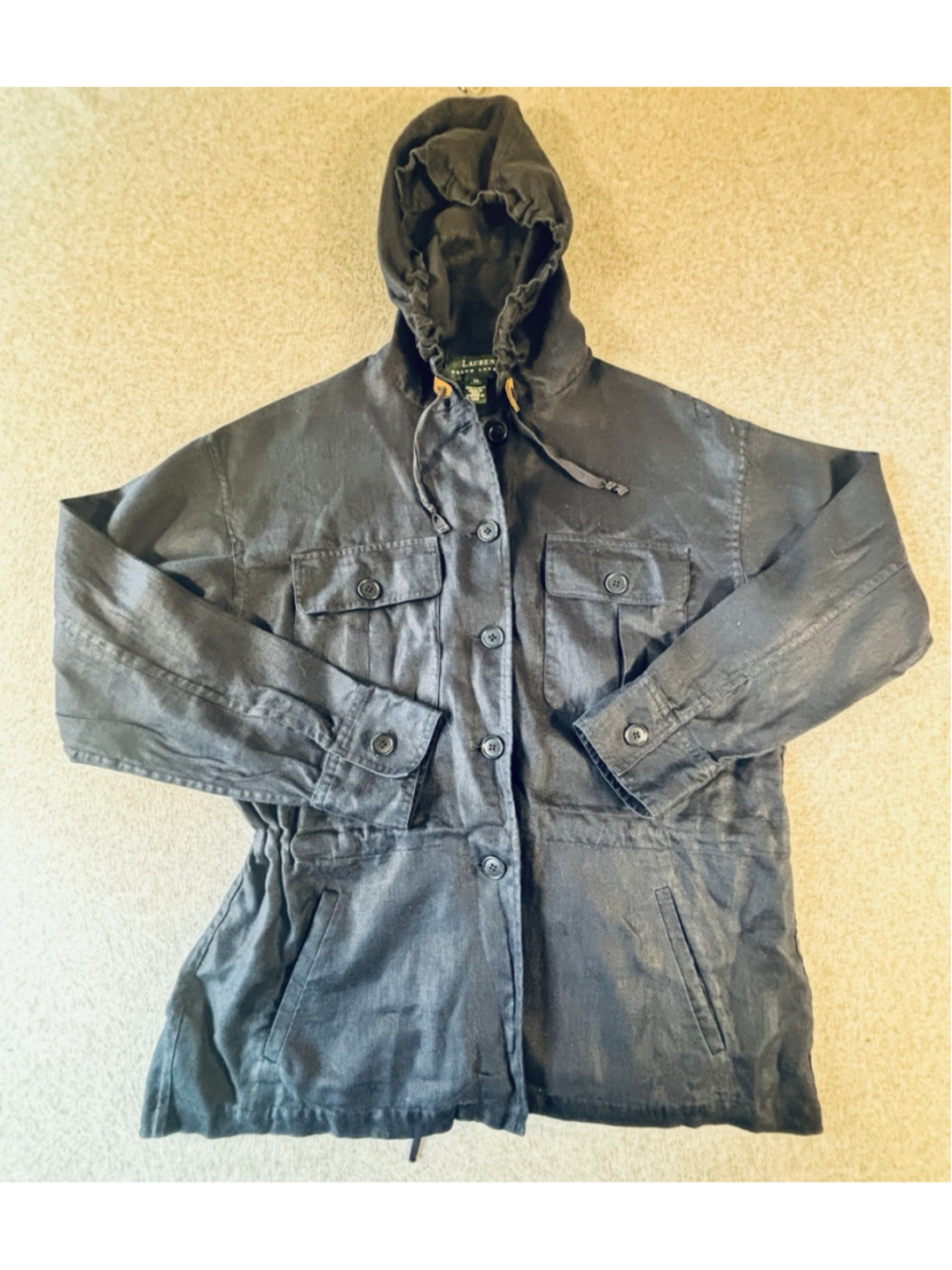Lauren Ralph Lauren Women Utility Jacket M Navy Blue Hooded Button Up Cinched